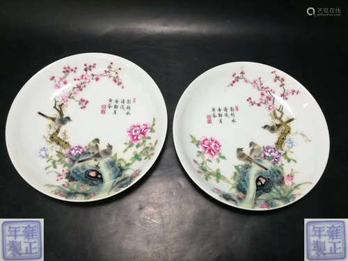 PAIR OF FAMILLE ROSE BIRD PATTERN PLATES