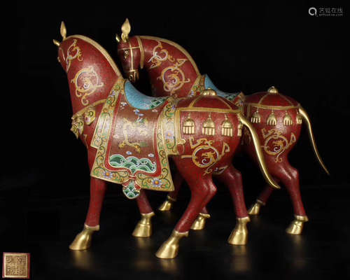 PAIR CLOISONNE ENAMELED HORSE SHAPED FIGURES