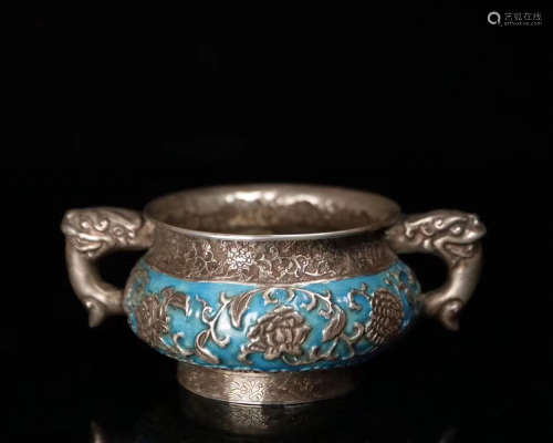 A SILVER MOLDED DOUBLE HANDLED CENSER