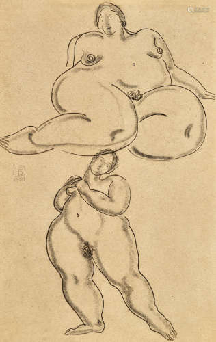 常玉（1901～1966） 1920年代作 双裸女 炭笔 水墨 纸本