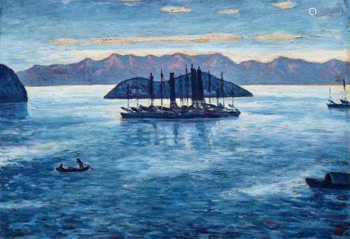 余本（1905～1995） 1964年作 海陵晚照 油彩 木板