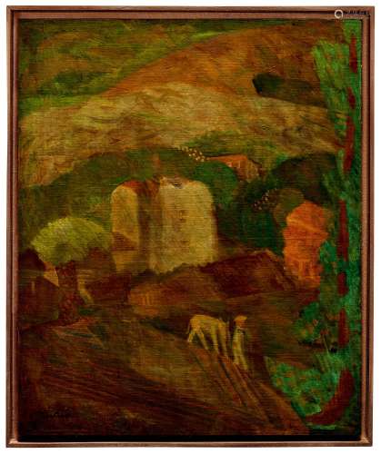 朱沅芷（1906～1963） 约1930年代末作 有驴子与房子的风景 油彩 画布