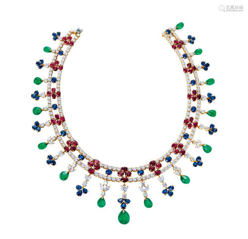卡地亚设计彩色宝石配钻石项链