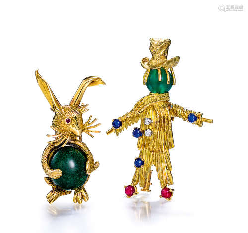 宝诗龙设计 黄金「免子」胸针及黄金「稻草人」胸针