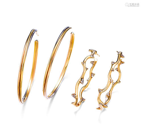 迪奥设计 黄金配钻石耳环及 卡地亚设计 黄金耳环 （一对）