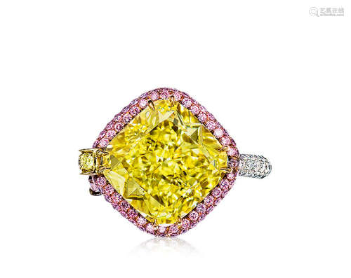 Anna Hu设计 10.10克拉天然浓彩黄色钻石配钻石戒指，净度内部无暇