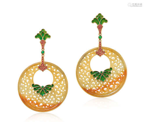 缅甸天然黄翡翠配珐琅及彩色宝石耳环 （一对）
