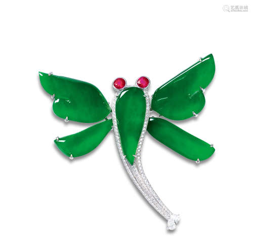 缅甸天然翡翠配红宝石及钻石「蜻蜓」胸针