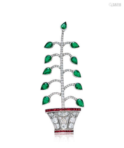 祖母绿，钻石及红宝石「盆栽」胸针