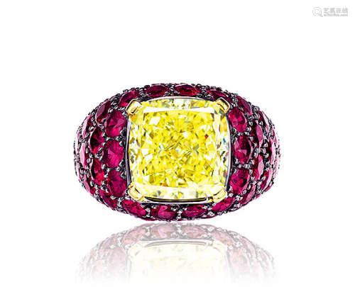 格拉夫设计 6.40克拉天然彩黄色钻石配红宝石戒指