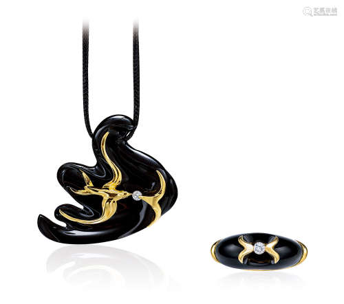 Wallace Chan 设计 黑曜石及钻石胸针及戒指套装