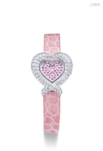 伯爵 精美优雅，女装白金镶钻石及粉色蓝宝石心形腕表，年份约1999