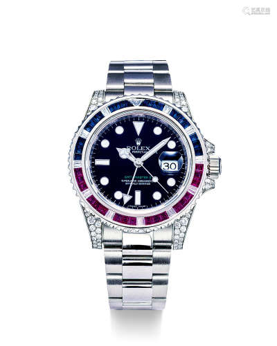劳力士 精美，白金镶钻石、蓝宝石及红宝石两地时间自动链带腕表，备日期显示，「GMT MASTER II SARU」，型号116759，年份约2006