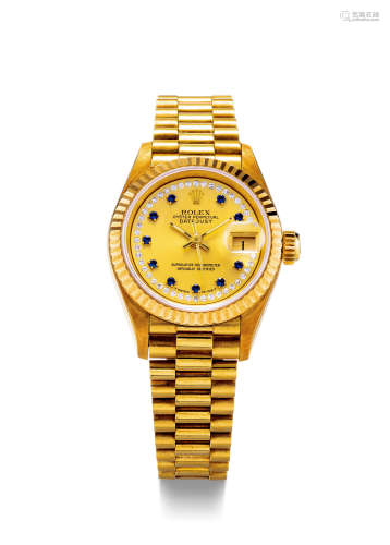 劳力士 精致，黄金镶钻石及蓝宝石，女装自动上弦链带腕表，备日期显示，「DATE JUST」，型号69178，年份约1995