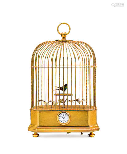 REUGE 镀金黄铜鸟笼座钟，备唱歌小鸟，年份约1980