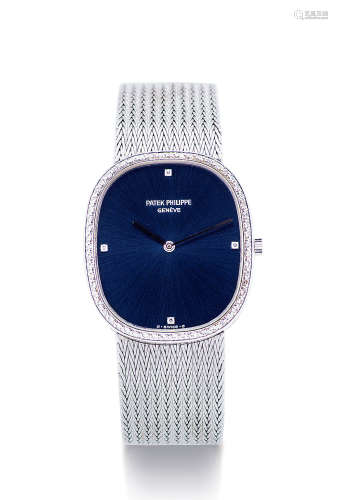 百达翡丽 精致白金镶钻石椭圆形链带腕表，型号3875，年份约1981，附原厂后补证书