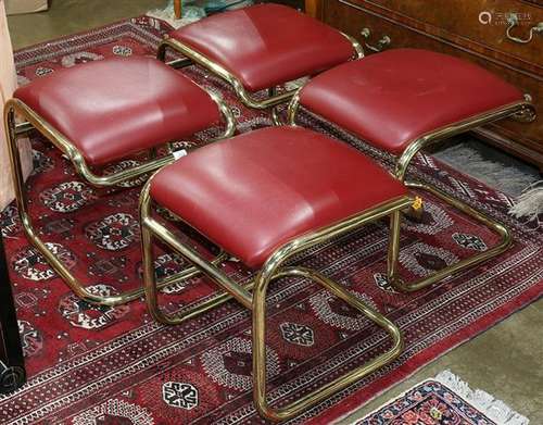 Thonet Industries brass and red leather upholstered benches