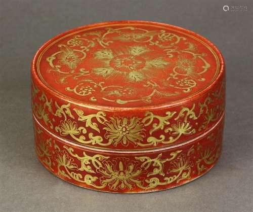 Chinese Gilt Red Circular Porcelain Box, Lotus