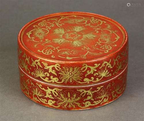 Chinese Gilt Red Circular Porcelain Box, Lotus