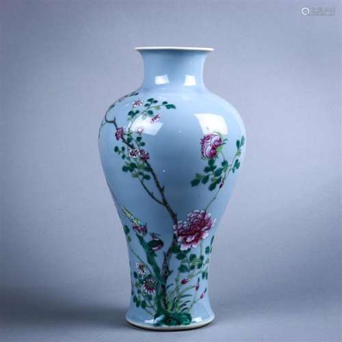 Chinese Enameled Blue Porcelain Vase, Birds/Peonies