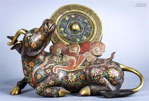 Chinese Cloisonne Mirror and Mythical Beast Stand