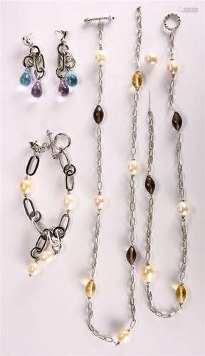 (Lot of 3) Multi-stone, cultured pearl and silver jewelry