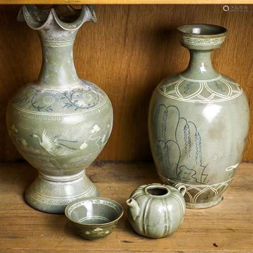 Korean Inlaid Celadon Vases and Teaware