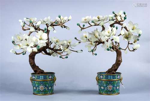 Chinese Hardstone Trees in Cloisonne Planters