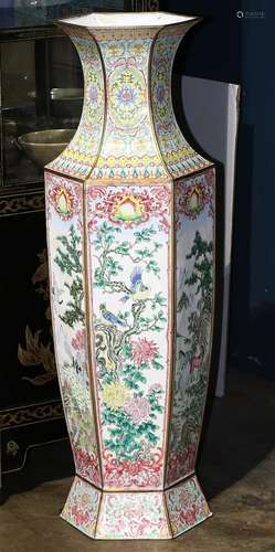 Chinese Large Enameled Metal Hexagonal Vase