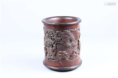 Chinese Carved Bamboo and Wood Brush Pot