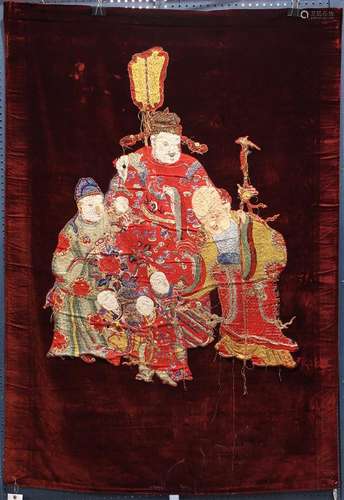 Chinese Embroidered Velvet Hanging, Three Star Gods