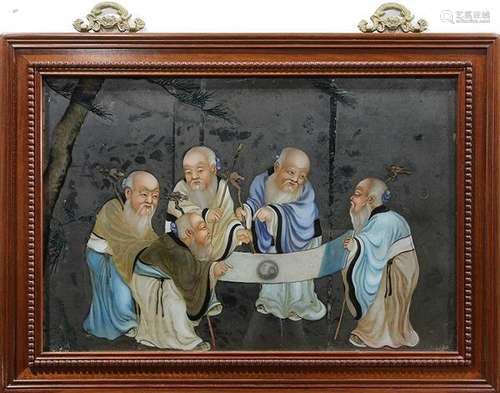 Framed Chinese Reverse Glass Painting, Daoist immortals