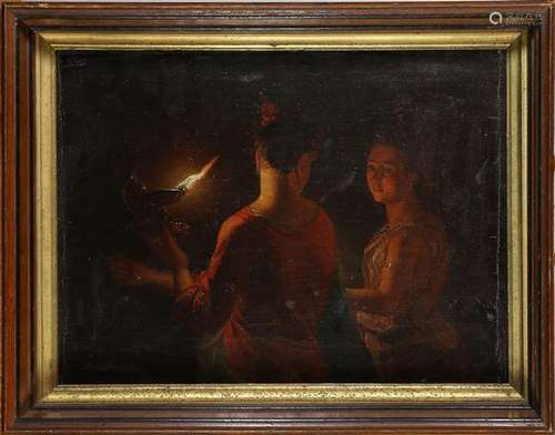 Interior Scene with Candle Light and Two Ladies, Painting