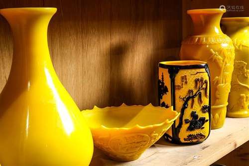 Chinese Peking Yellow Glass Vases, Bowl, Brush Pot