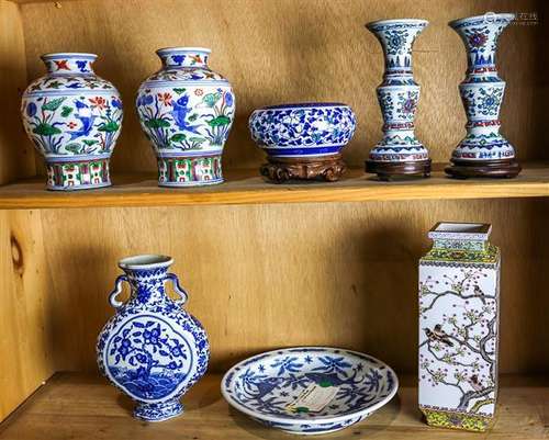 Chinese Decorative Porcelain, Vases, Plate, Brush Washer