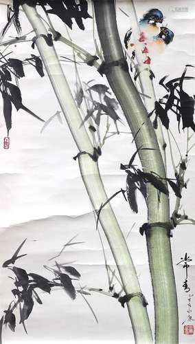 Chinese Scroll, Chen Yongkang, Birds and Bamboo