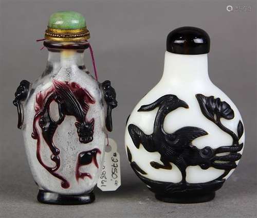 Chinese Overlay Glass Snuff Bottles, Chilong, Phoenix