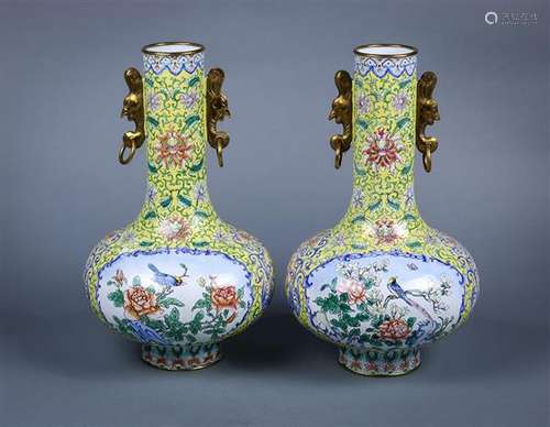 Chinese Canton Enamel Yellow Stick Neck Vases