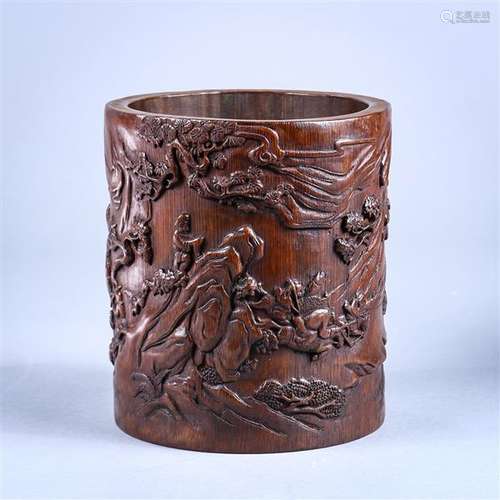 Chinese Bamboo Brush Pot, Hunting Scene