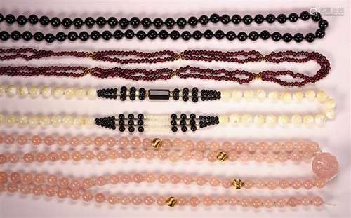 (Lot of 4) Multi-stone bead, gold, silver-gilt and metal necklaces