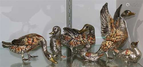 Continental silvered metal and enamel duck figurine group