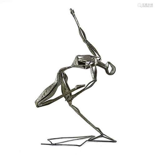 Contemporary silvered metal sculpture depicting a female in dance pose