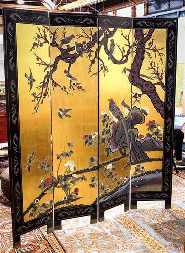 Chinese Four Panel Coromandel-screen, Birds/Flowers