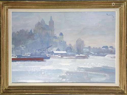 Painting, Winter Harbor Scene with Distant Cathedral