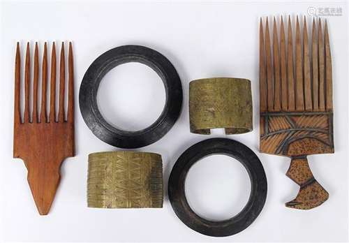 West African bracelets and two angular wood combs