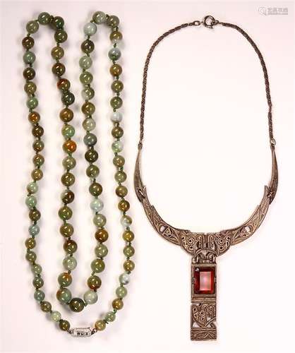 (Lot of 2) Jade, glass and metal necklaces