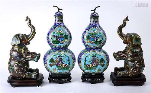 Chinese Cloisonne Enamel Metal Vases, Elephant Vessels