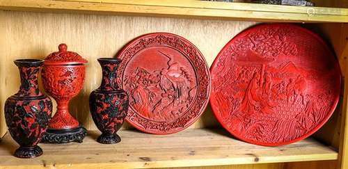 Chinese Red/Black Cinnabar Lacquer Vases, Plates