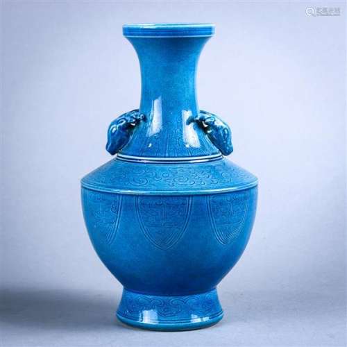 Chinese Turquoise Glazed Vase, Taotie Masks/Deer Handles