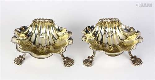 Pair of George II silver and gilt wash shell form salts